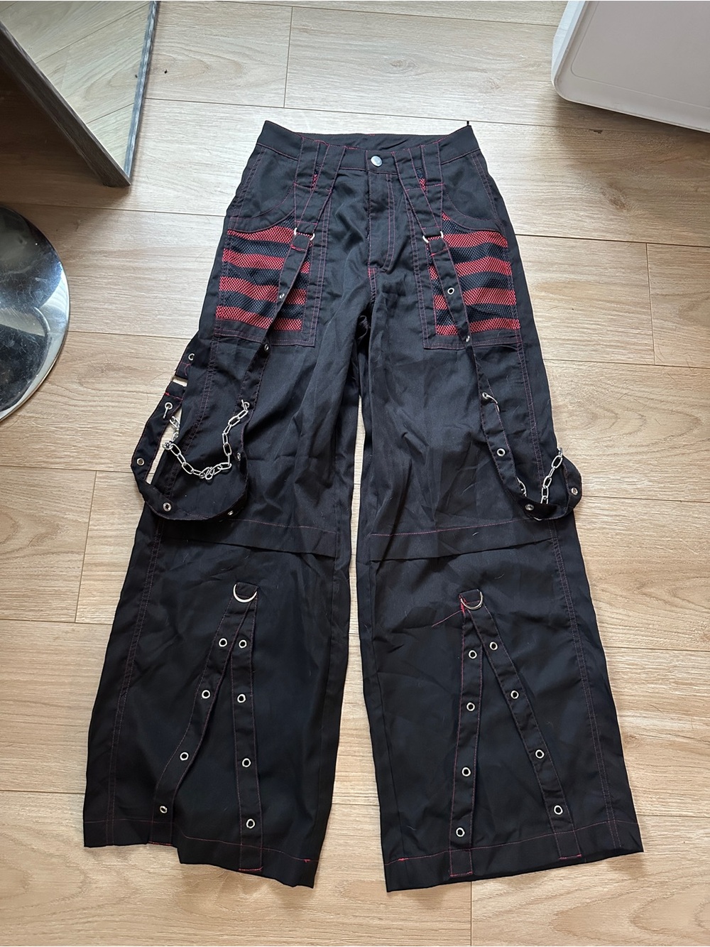 Black & Red Stripe Utility Cargo Pants with Chain Detail size small